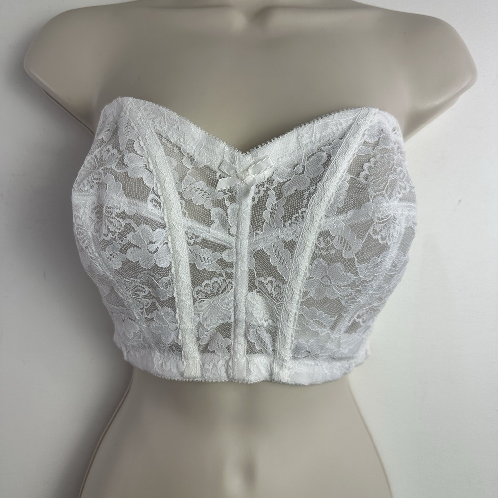 Vintage Sears White Lace Longline Unlined Bra 36D Strapless Bustier Boning 70s